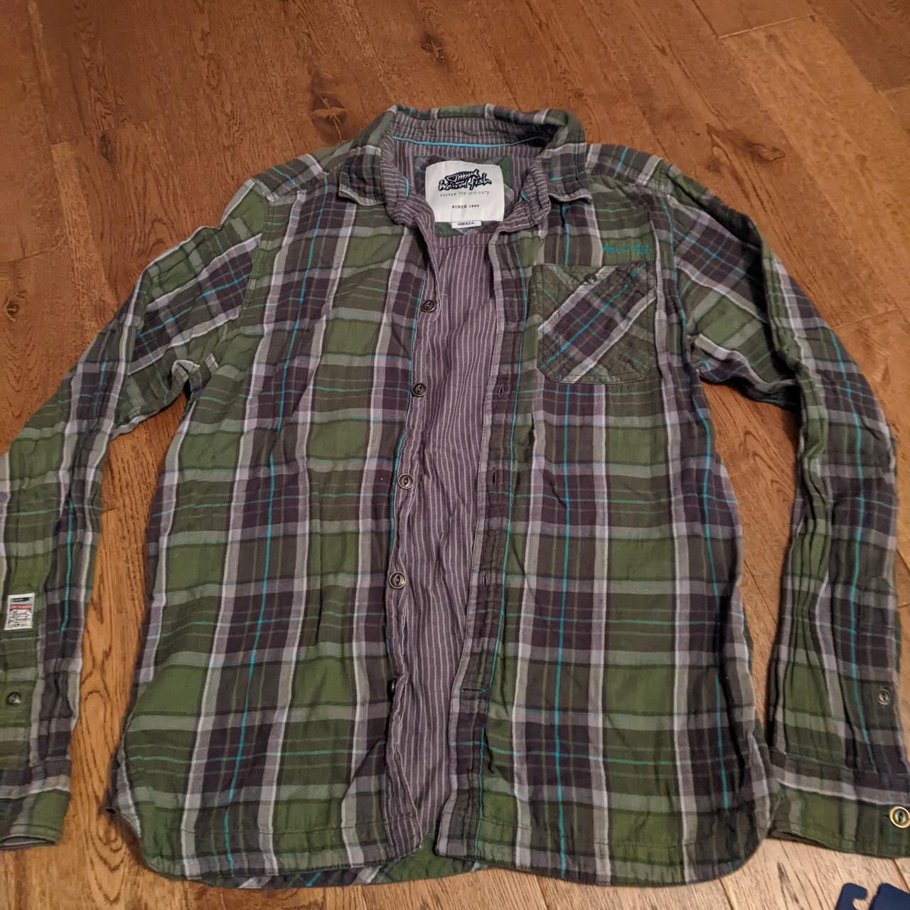 Weird fish green checkered shirt. Single breast... - Depop