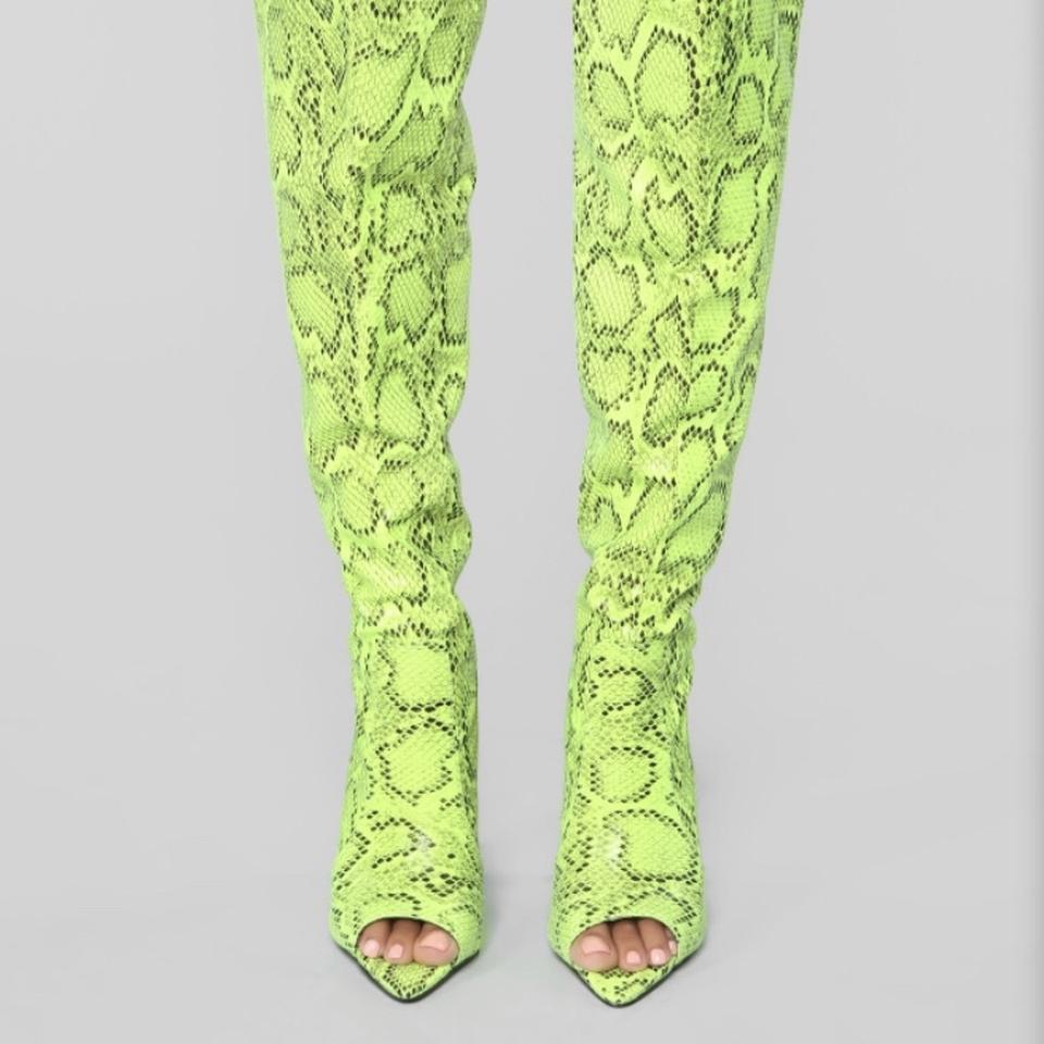 lime green snakeskin thigh high boots