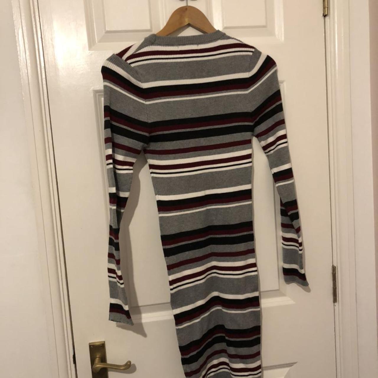 Fitted jumper dress. Grey with maroon, black and... - Depop