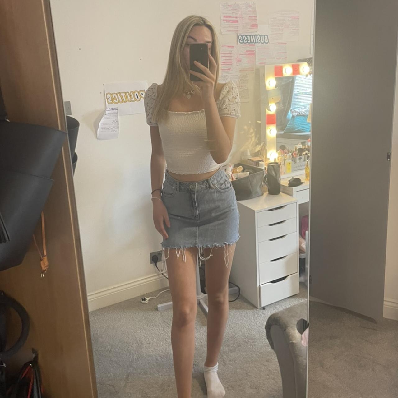 Topshop Womens Size W26 Denim Floral Blue A-Line Skirt (Regular)