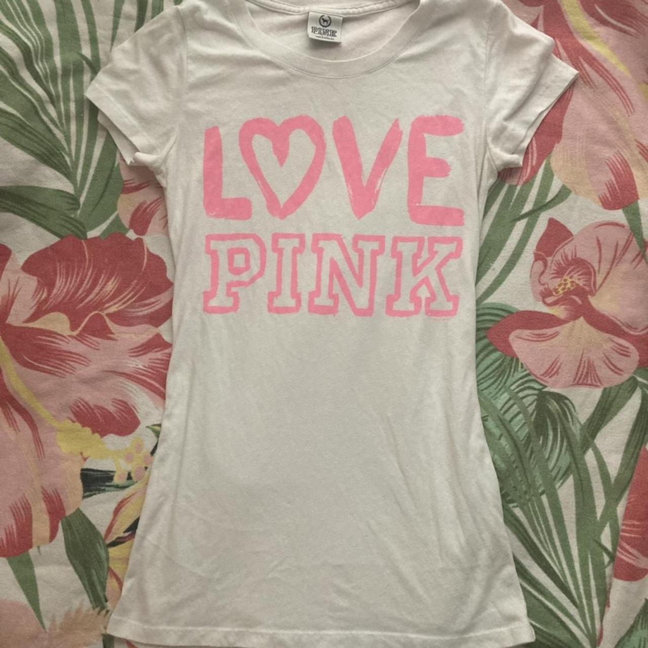 Victoria's Secret Women's Pink and White T-shirt | Depop