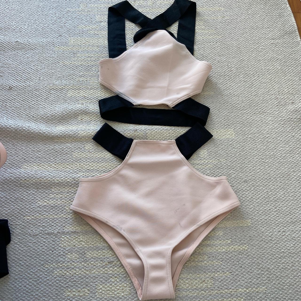 Black and nude cross over strappy swim suit costume... - Depop