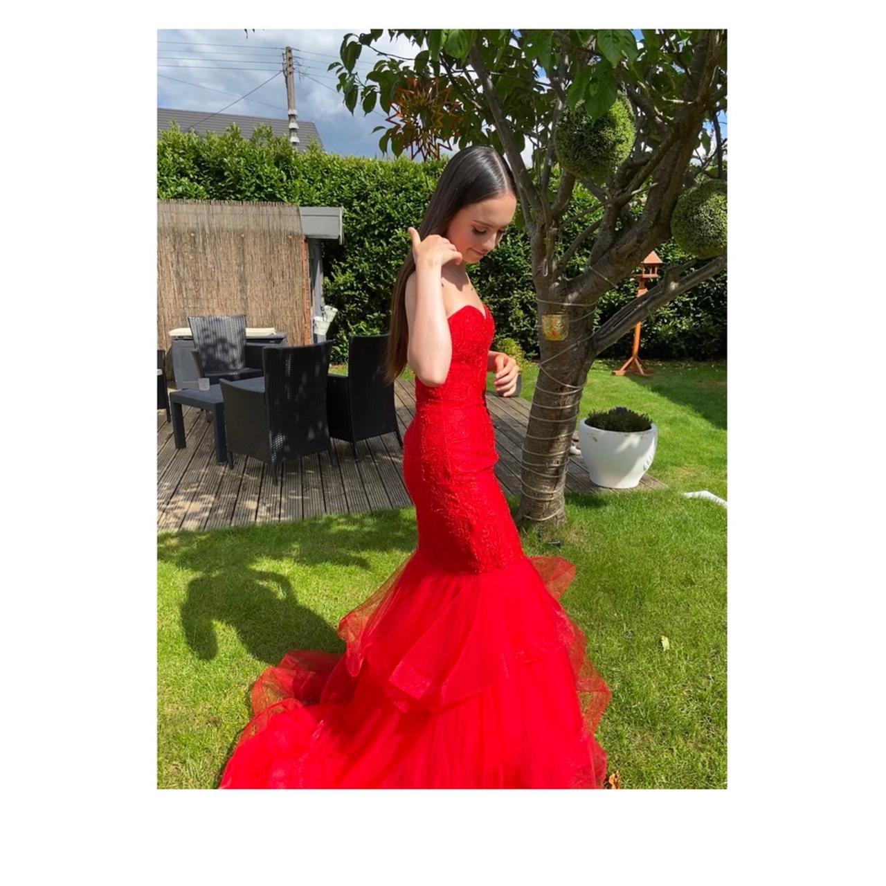 red fishtail prom dress