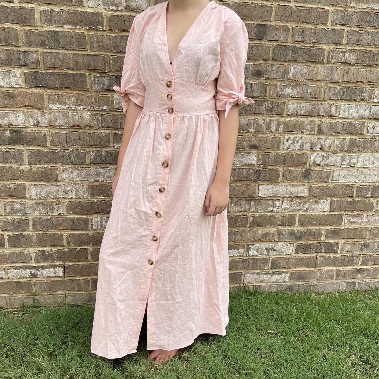 Misslook pink button down dress with tie... Depop