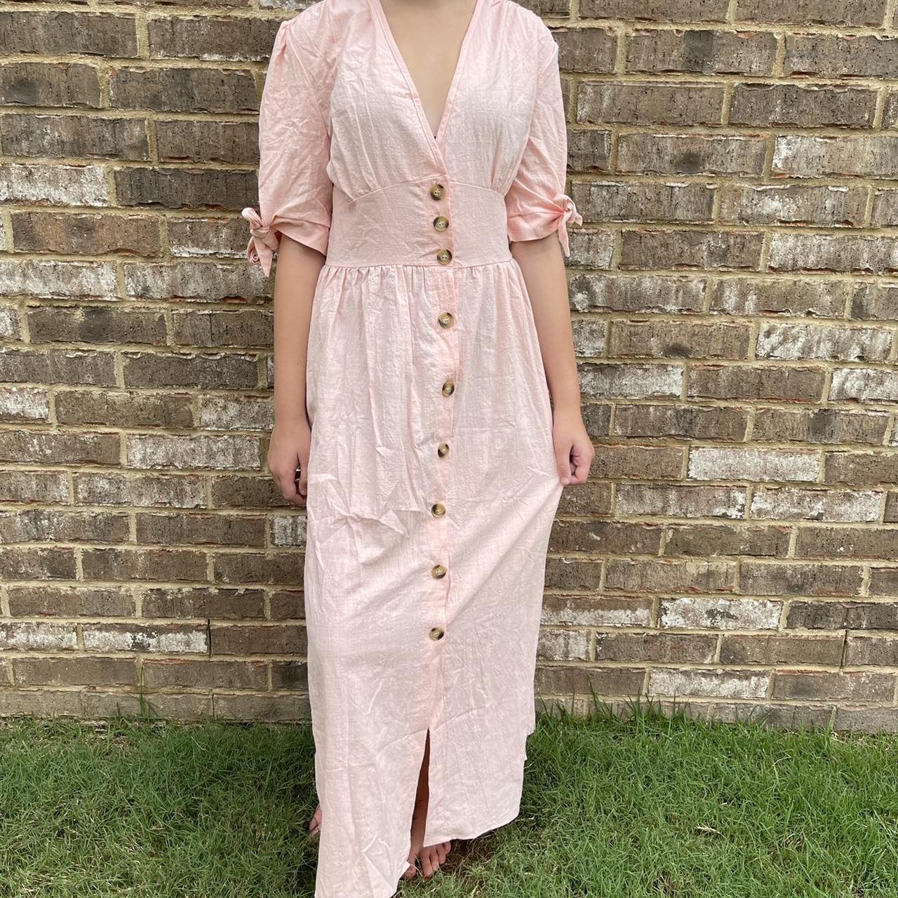 Misslook pink button down dress with tie... Depop