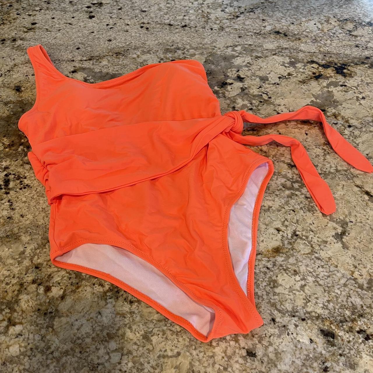 Neon orange one shoulder one piece swimsuit with tie... - Depop