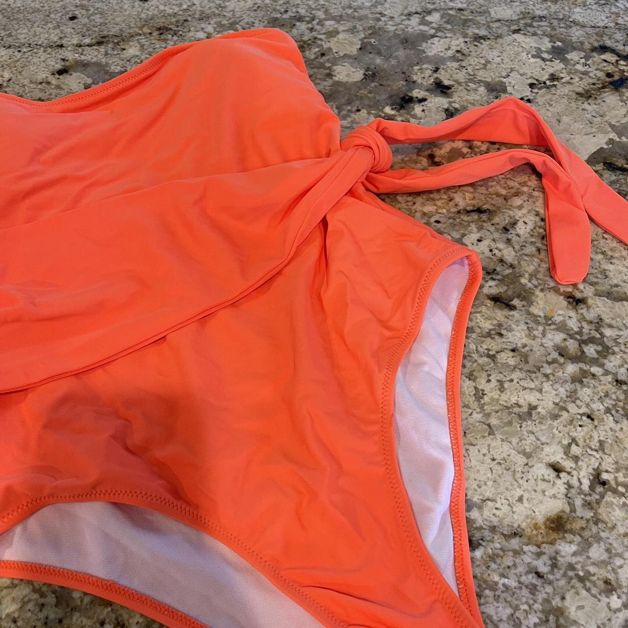 Neon orange one shoulder one piece swimsuit with tie... - Depop