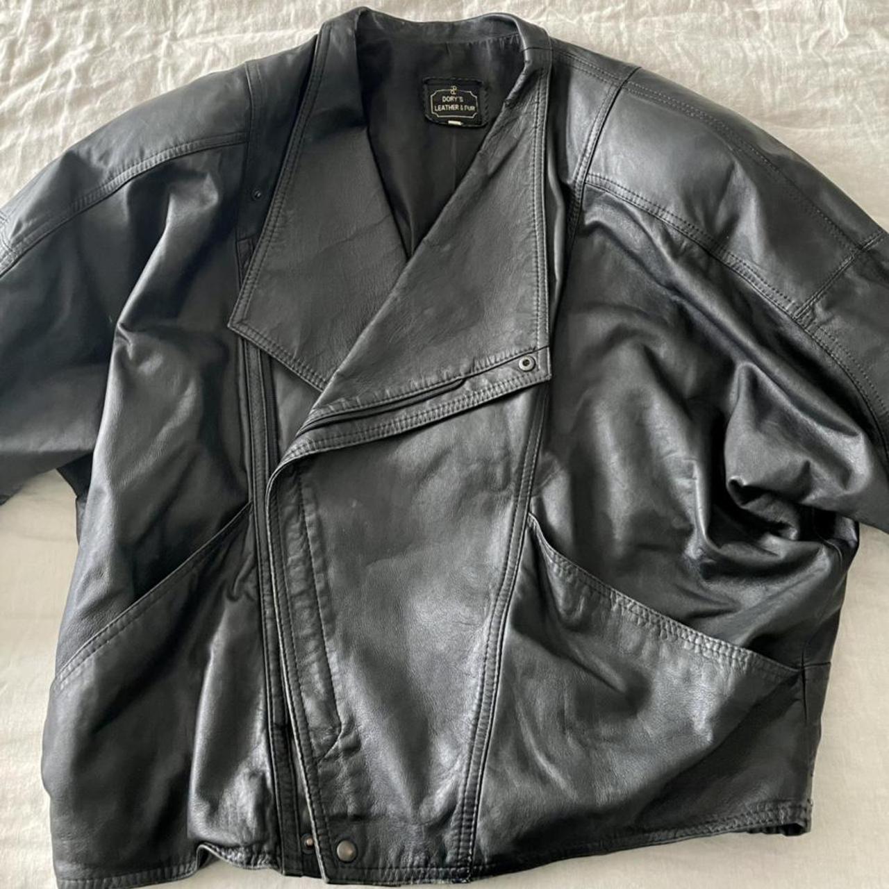 Oversized leather biker jacket with shoulder pads,... - Depop