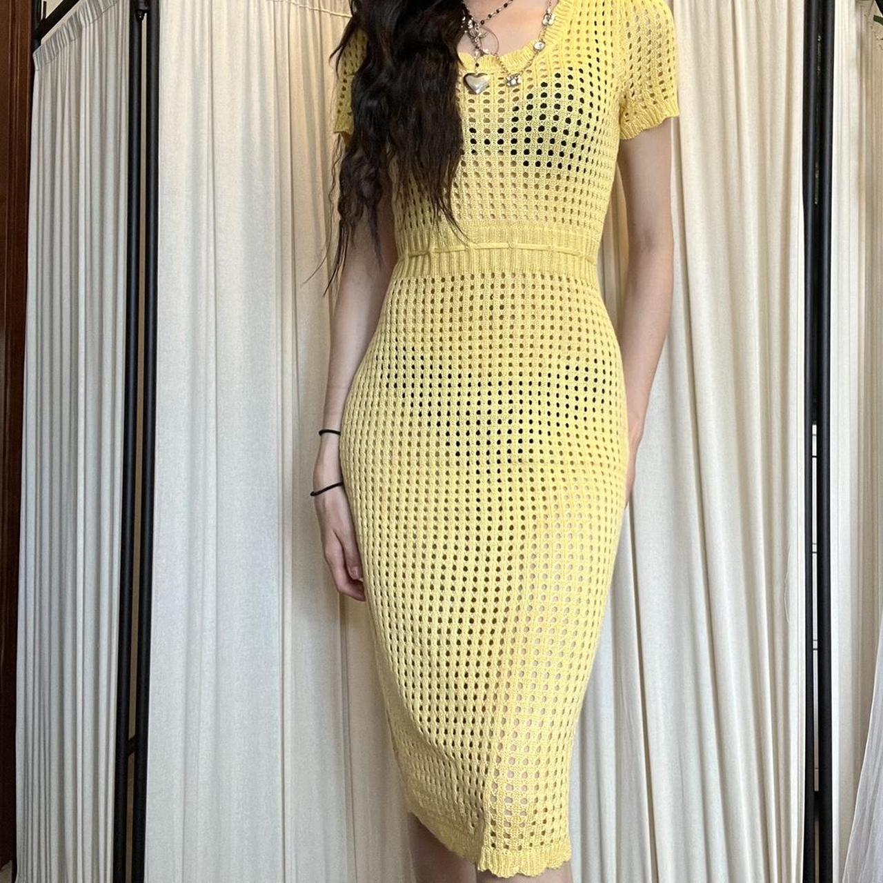 yellow midi crochet dress, with built in string... Depop