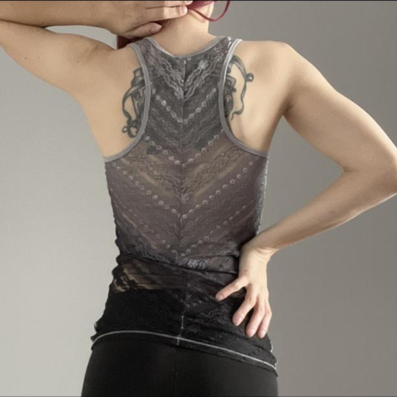 AE Lace-back Tank, Grey tank with ombré lace in...