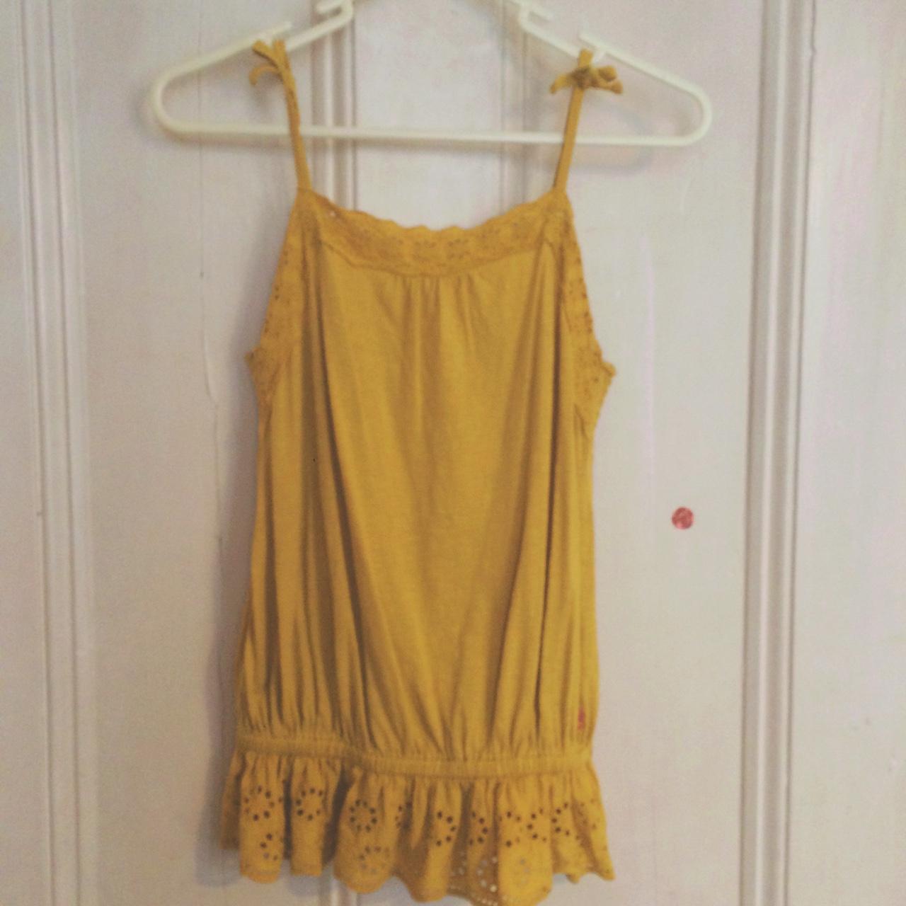 Mustard yellow cami with lace detailing & frills,... - Depop