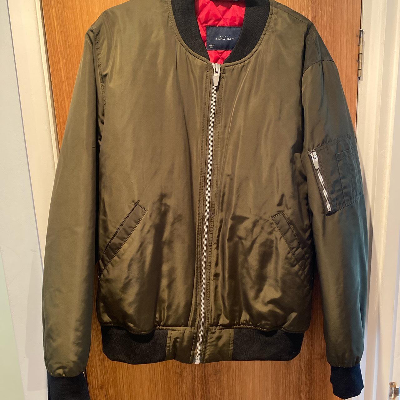 Men’s Zara quilted bomber jacket in khaki with red... Depop