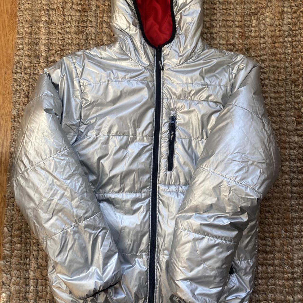 Supreme reversible puffer jacket silver and red.... - Depop