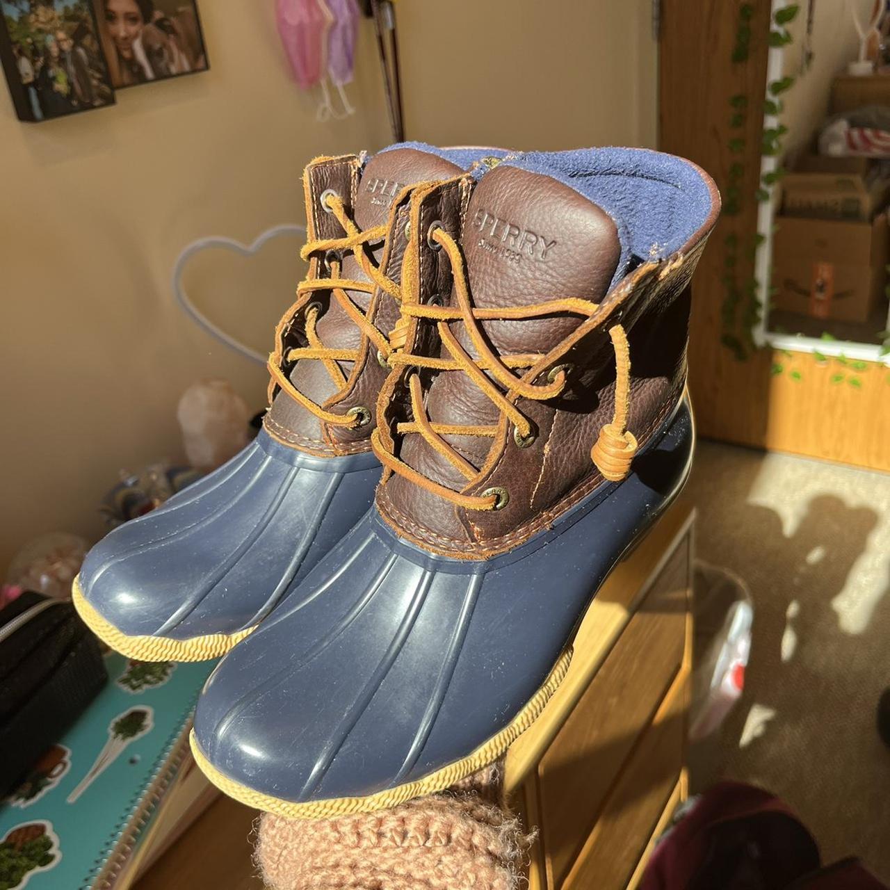 navy blue and brown duck boots