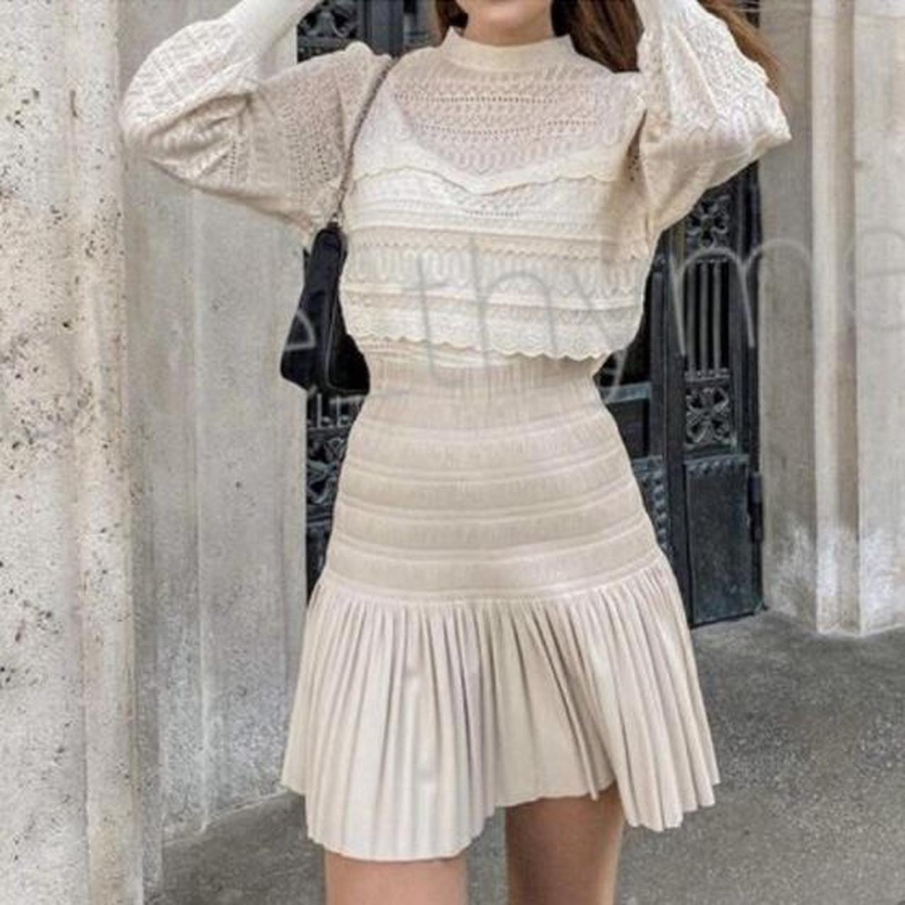 Zara XS pleated faux leather cream skirt , unique... Depop