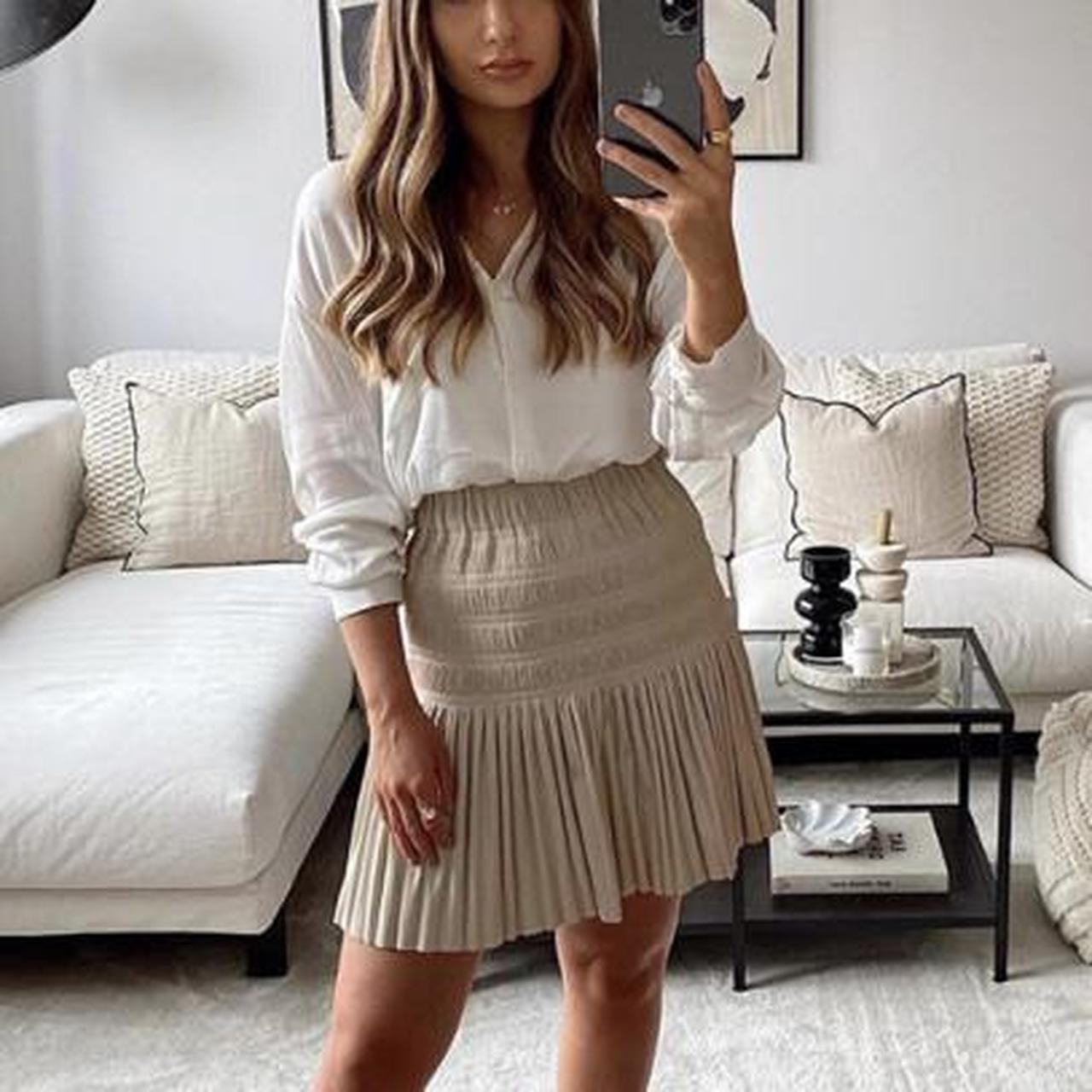Zara XS pleated faux leather cream skirt , unique... Depop