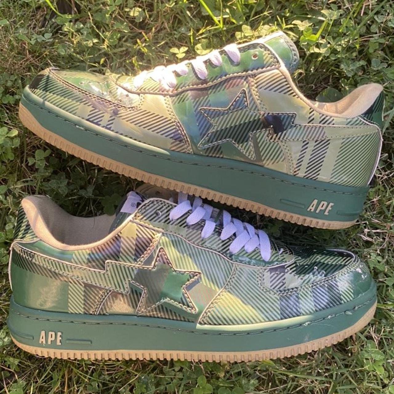 Vintage Bapesta Plaid Tartan Green Patent Leather A... - Depop