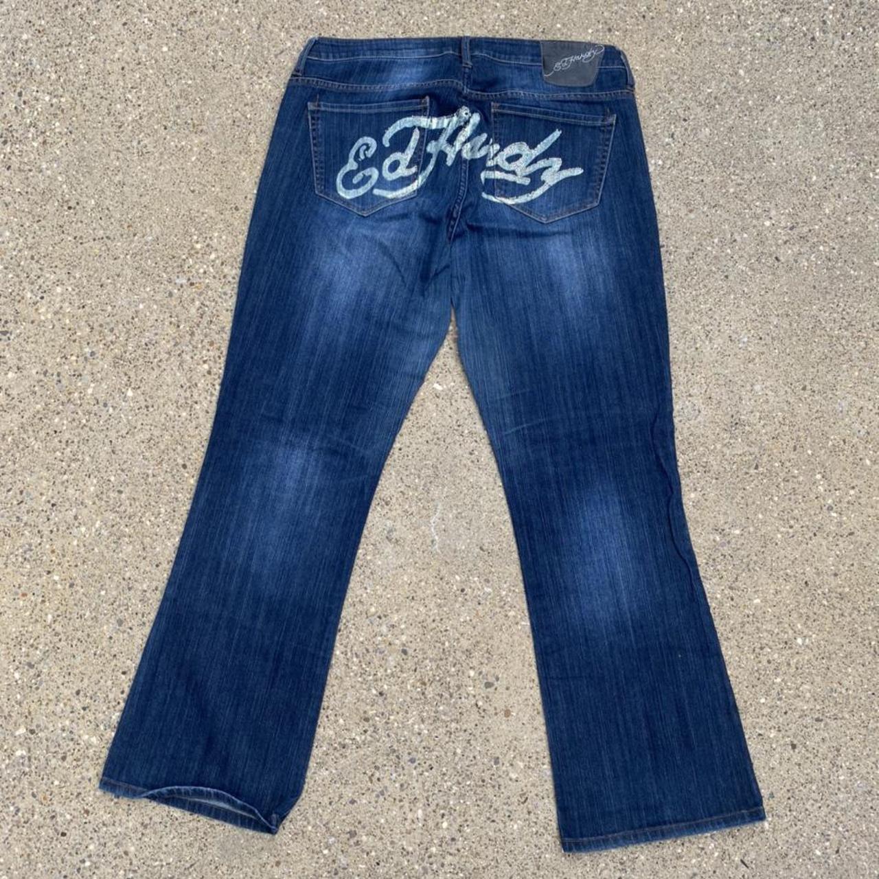 vintage ed hardy jeans spellout y2k denim pants navy... - Depop