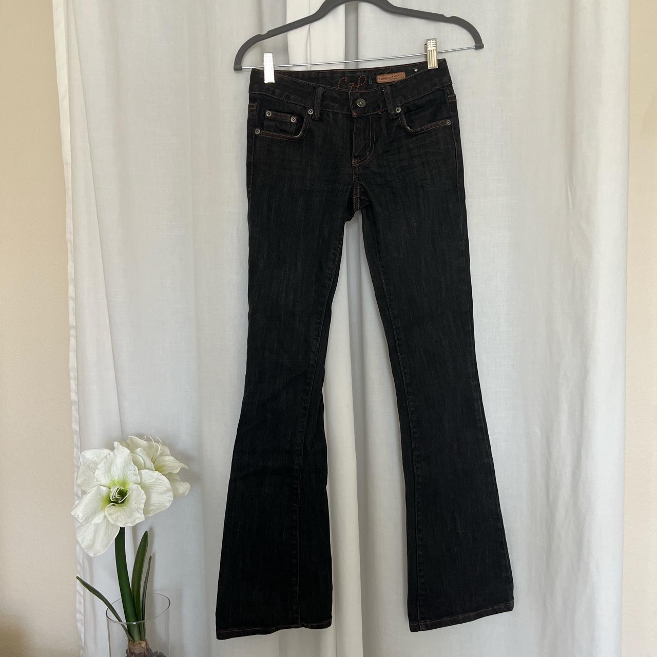 Low rise flare black jeans with rust stitching! A... - Depop