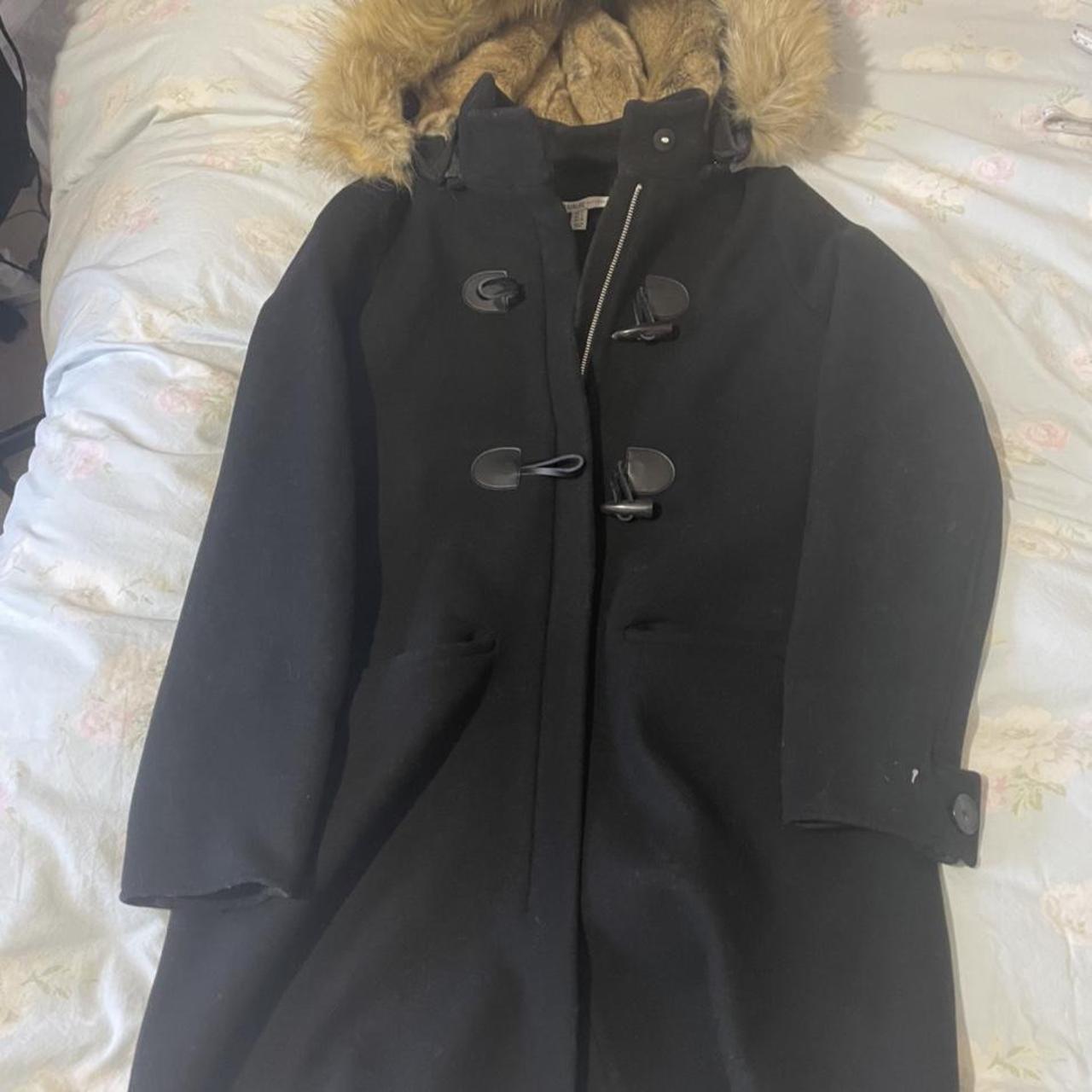 Black Zara duffle coat with faux fur hood. Worn a... - Depop