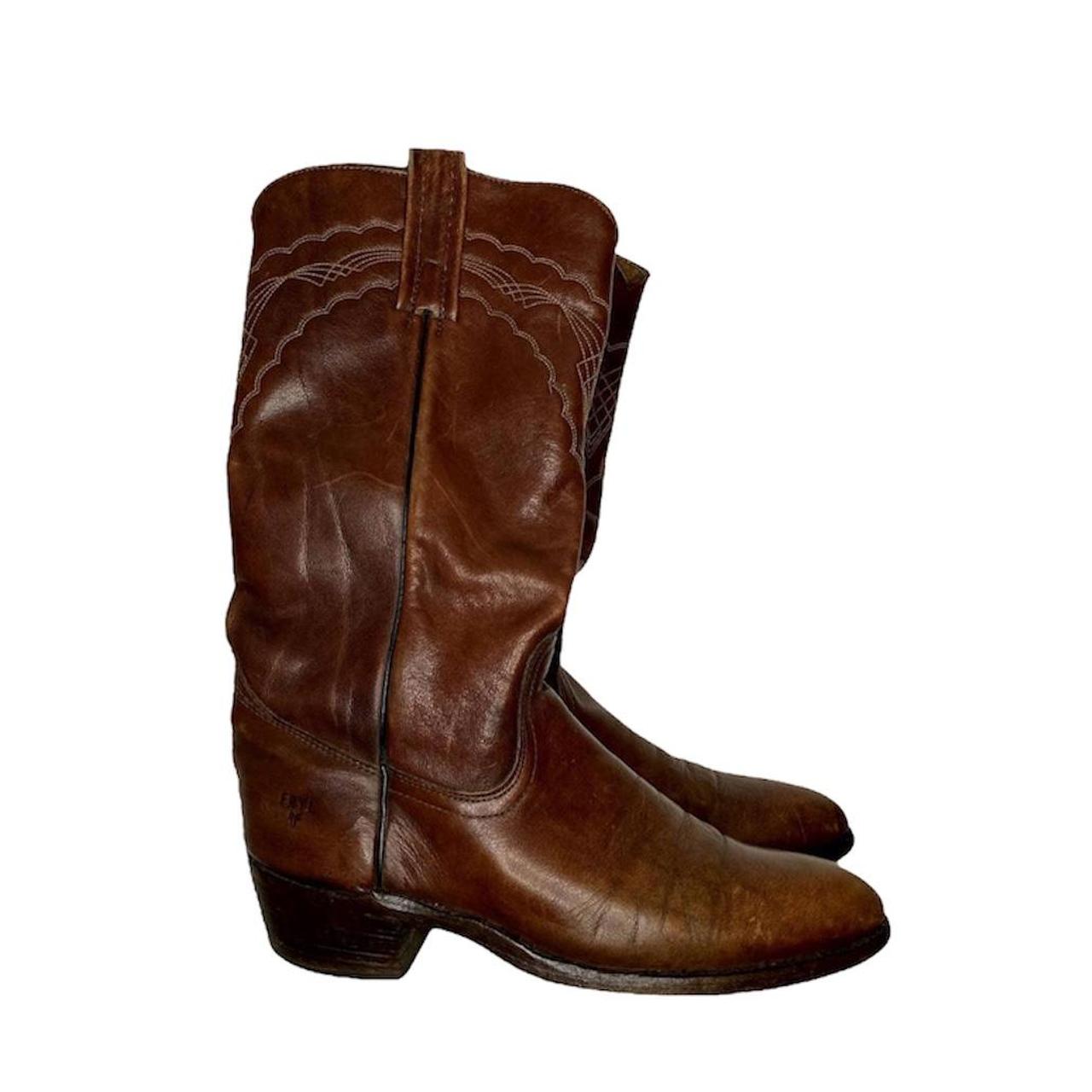 Frye Medium Brown Cowboy Boots with Contrast Stitch... - Depop