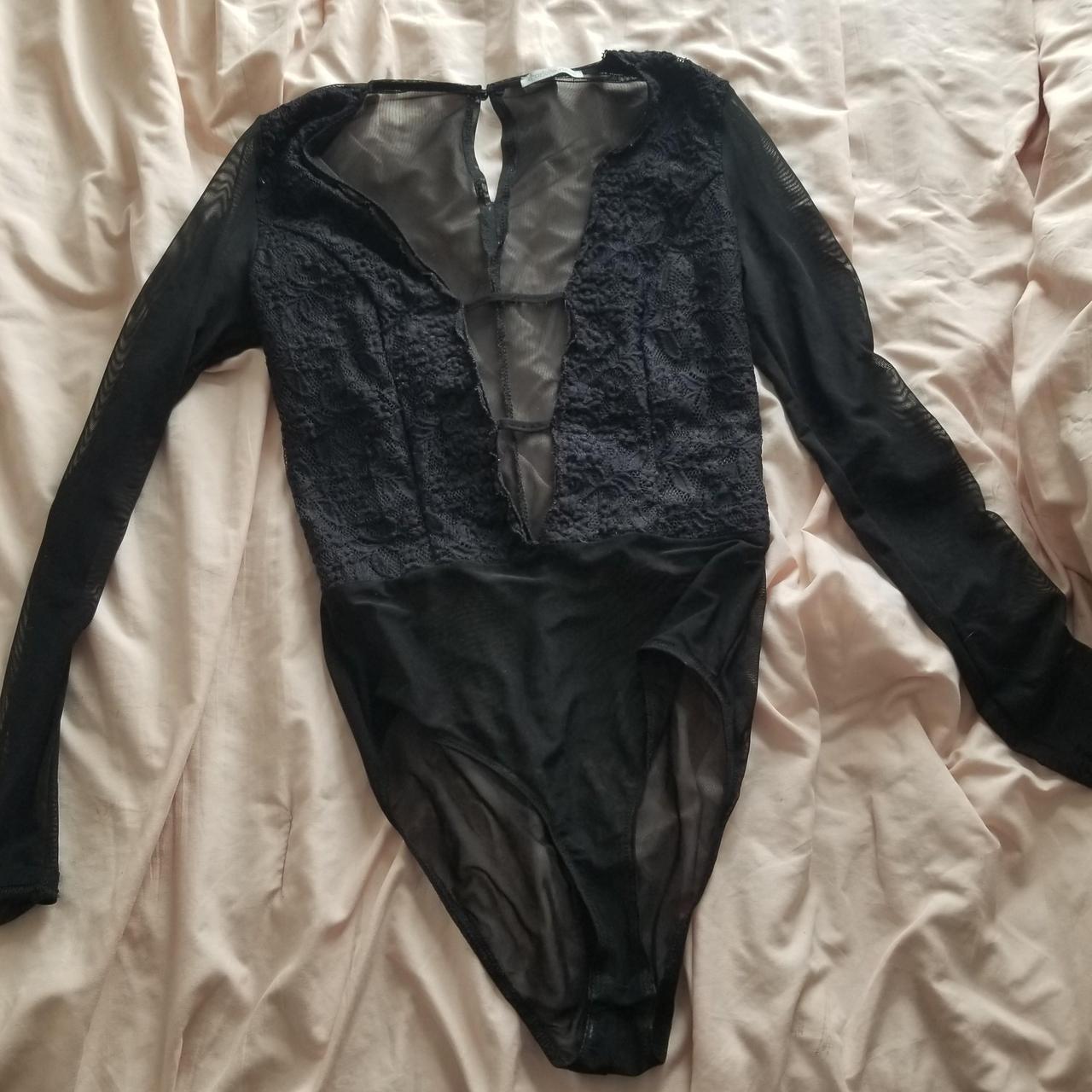 Small Black Lace + Mesh Bodysuit from Charlotte... - Depop