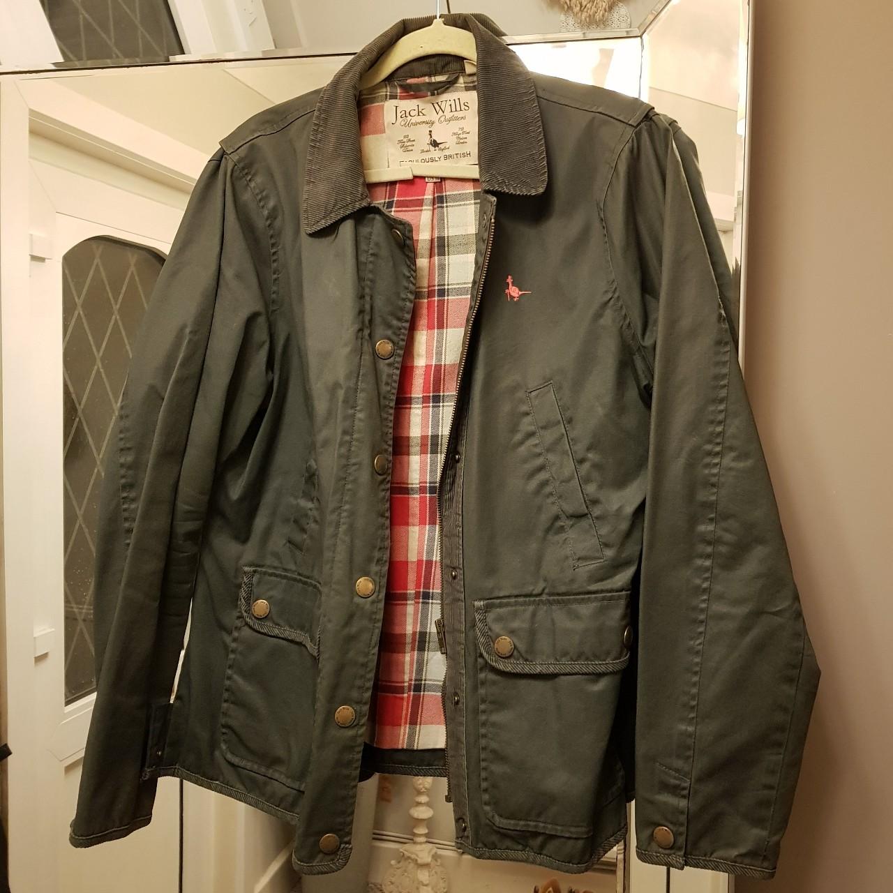 Khaki green Jack Wills waxed jacket with tartan Depop