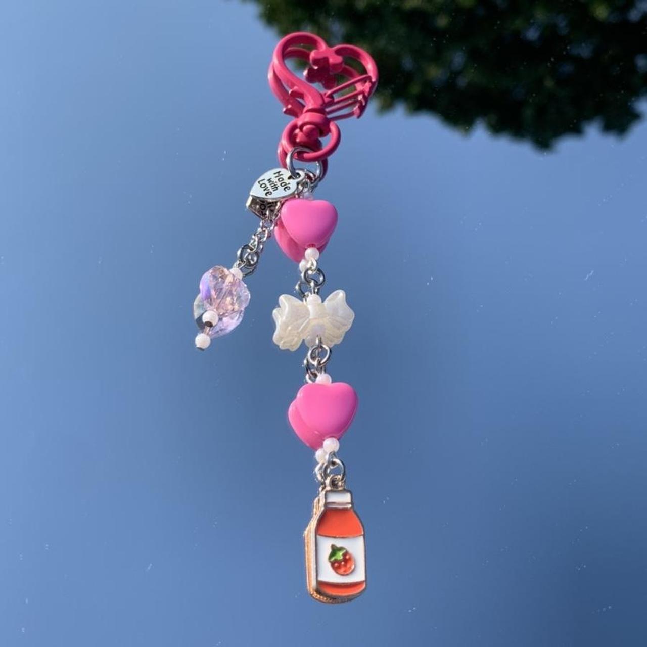 Handmade Blue Beaded Bag Charm Key Chain With Flower Charm