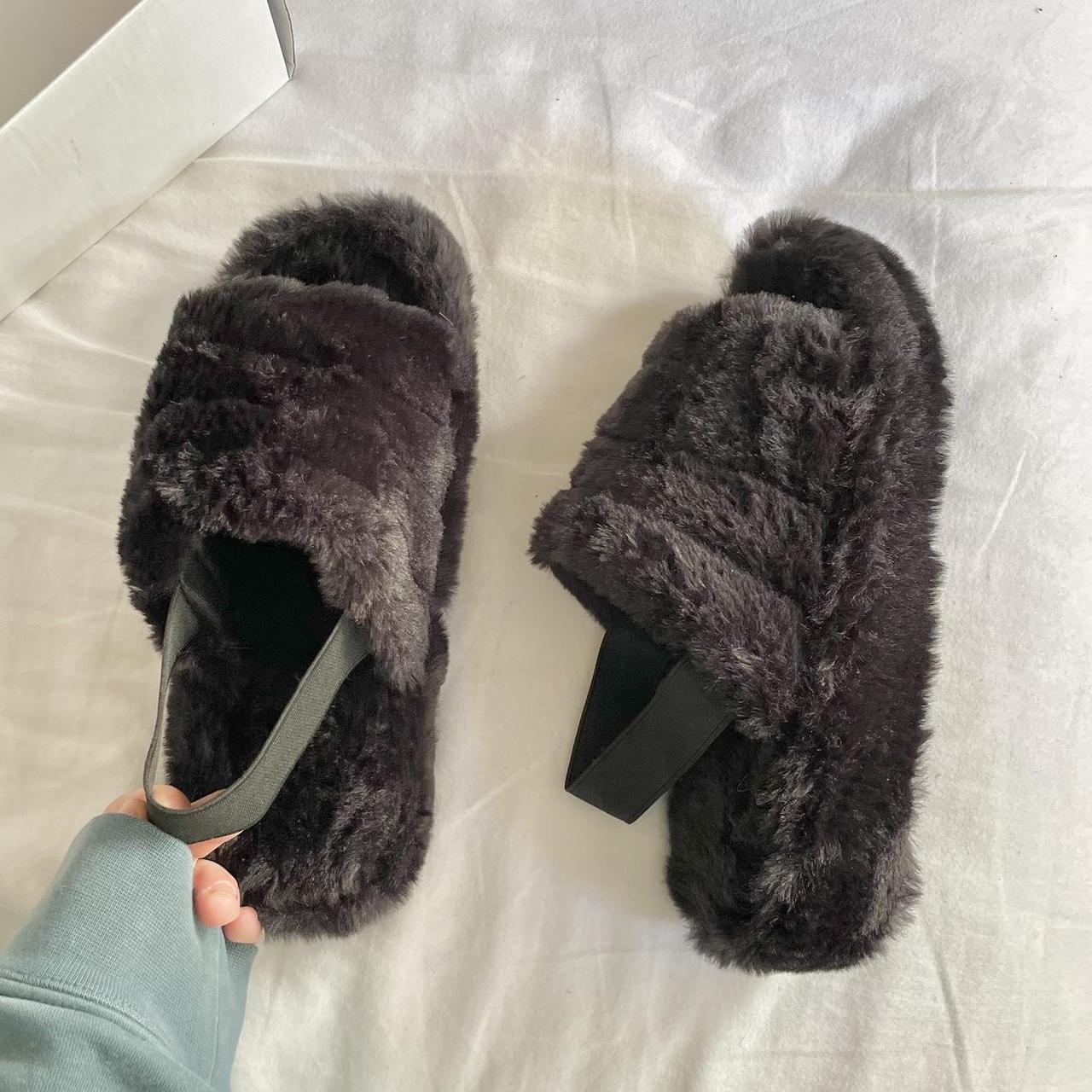 black fluffy slippers, only ever been worn for the... - Depop