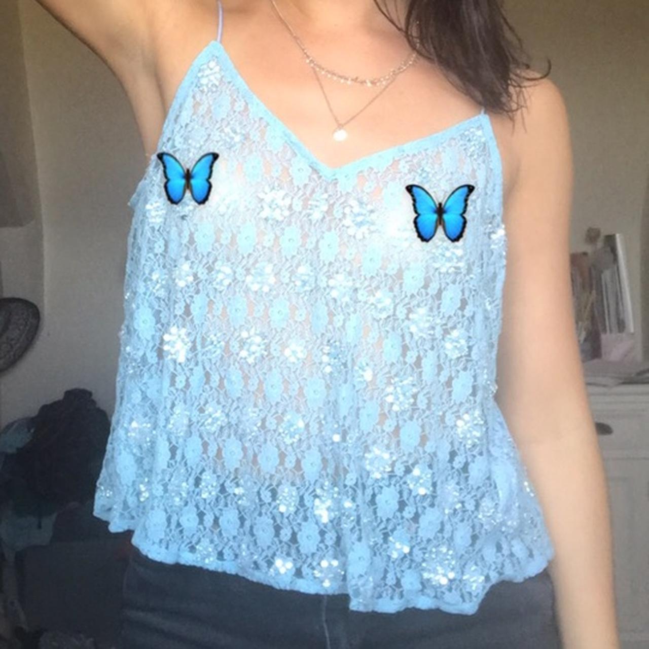 Beautiful blue lace cami top with gems. Low v back,... Depop