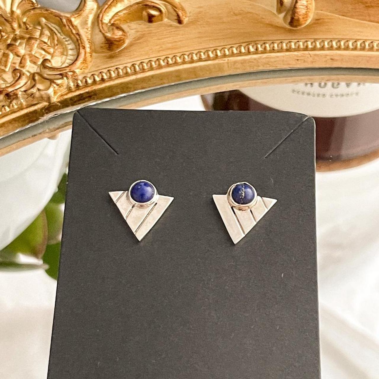 Inverted Triangle Stud With Blue Stone Depop