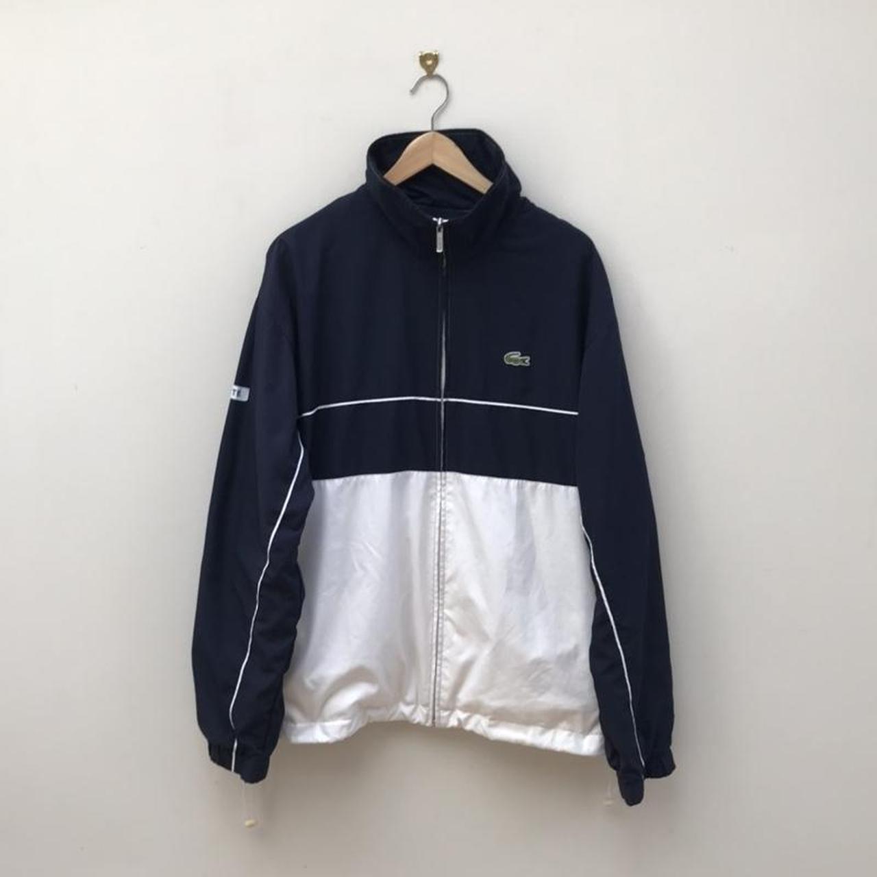 Men’s Lacoste navy and white track jacket in size 6... - Depop