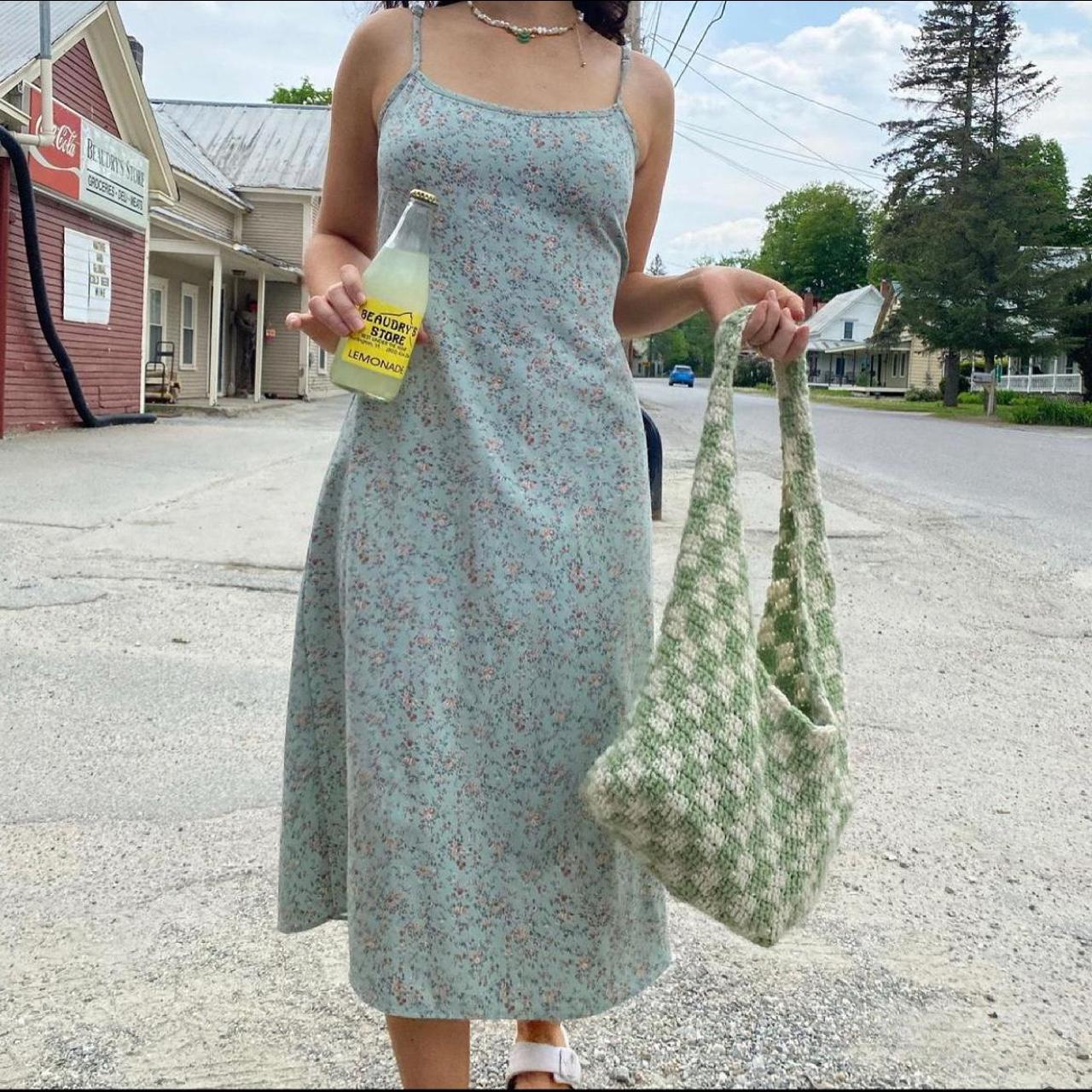 handmade crochet picnic bag in sage green and cream... - Depop