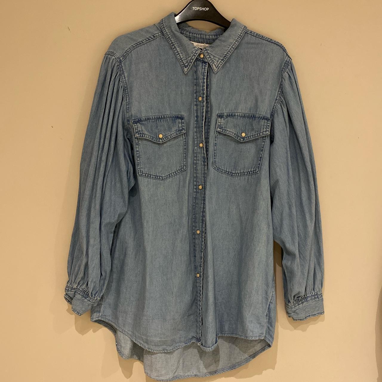 Zara balloon sleeve denim shirt blouse size small.... - Depop