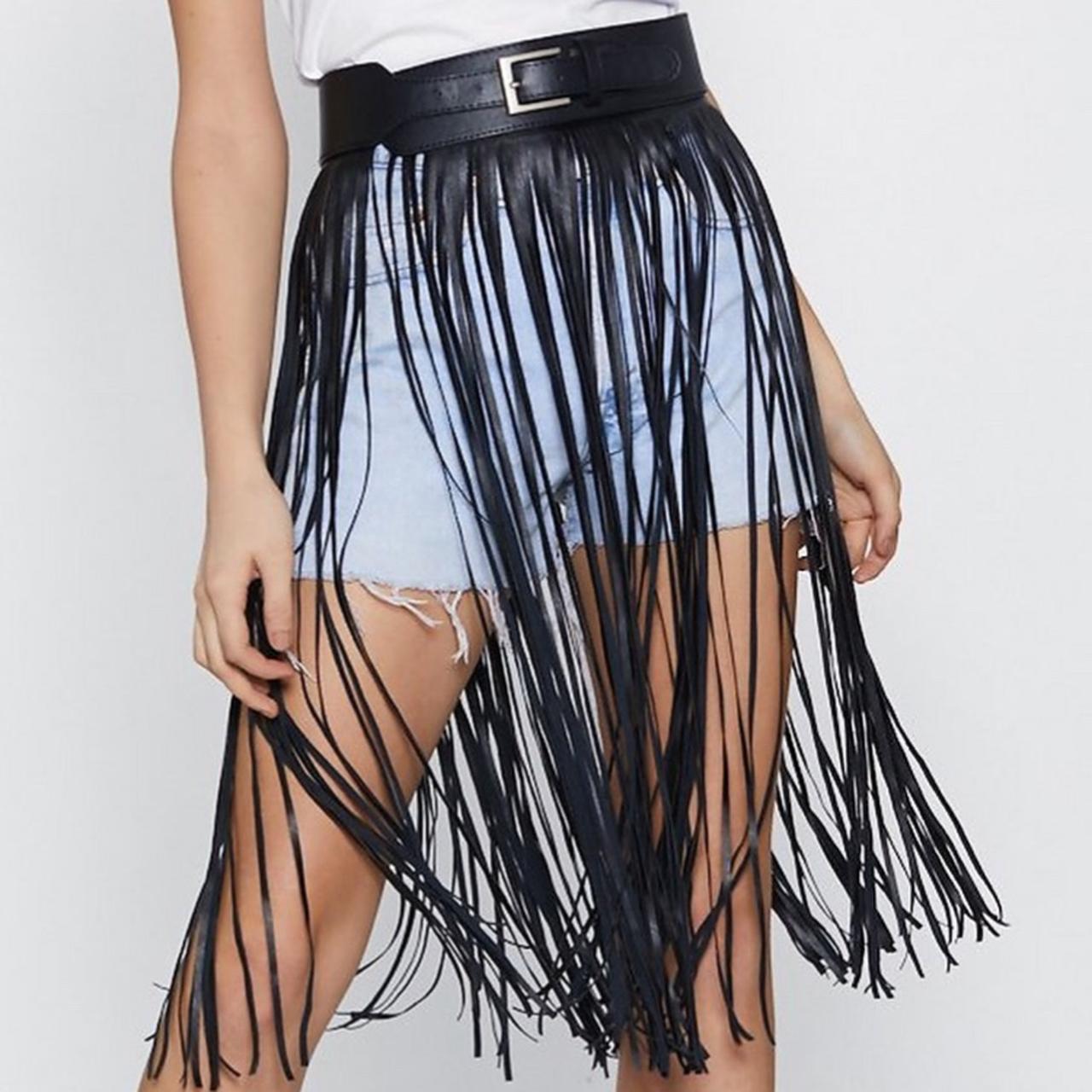 Faux leather shop fringe belt