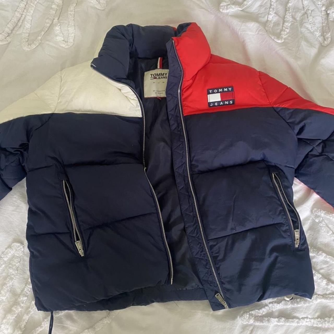 Navy, red and white puffer jacket from Tommy... - Depop