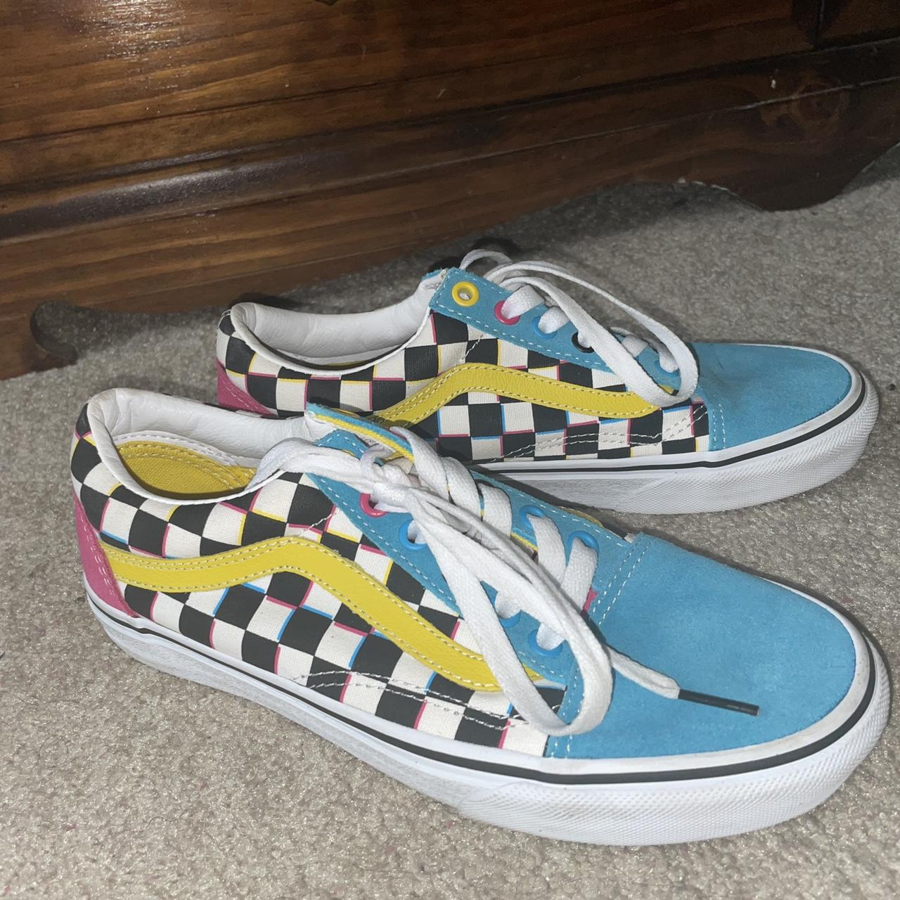 Checkerboard vans with store yellow line