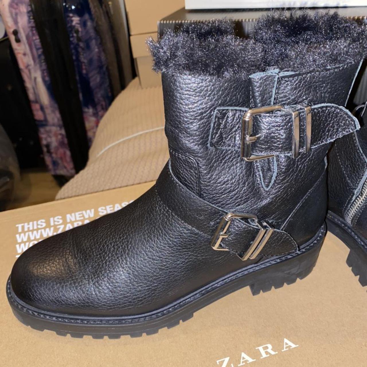 Zara black leather biker boot with fur lining and Depop