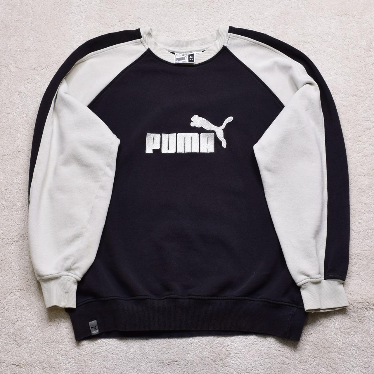Vintage 90s OG Puma Black Beige Embroidered Sweater... - Depop