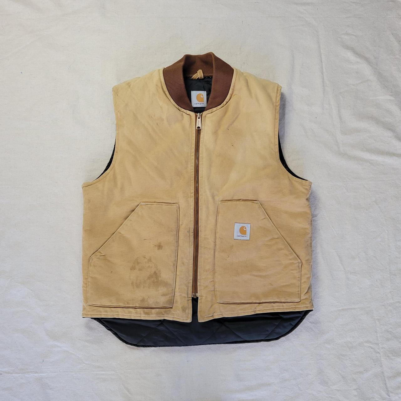 Vintage Carhartt tan zip up vest with padded lining.... - Depop