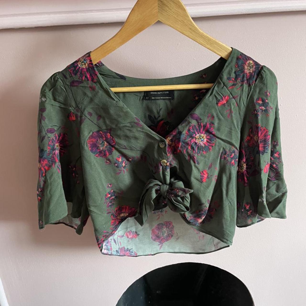 Urban outfitters floral green tie front crop... - Depop