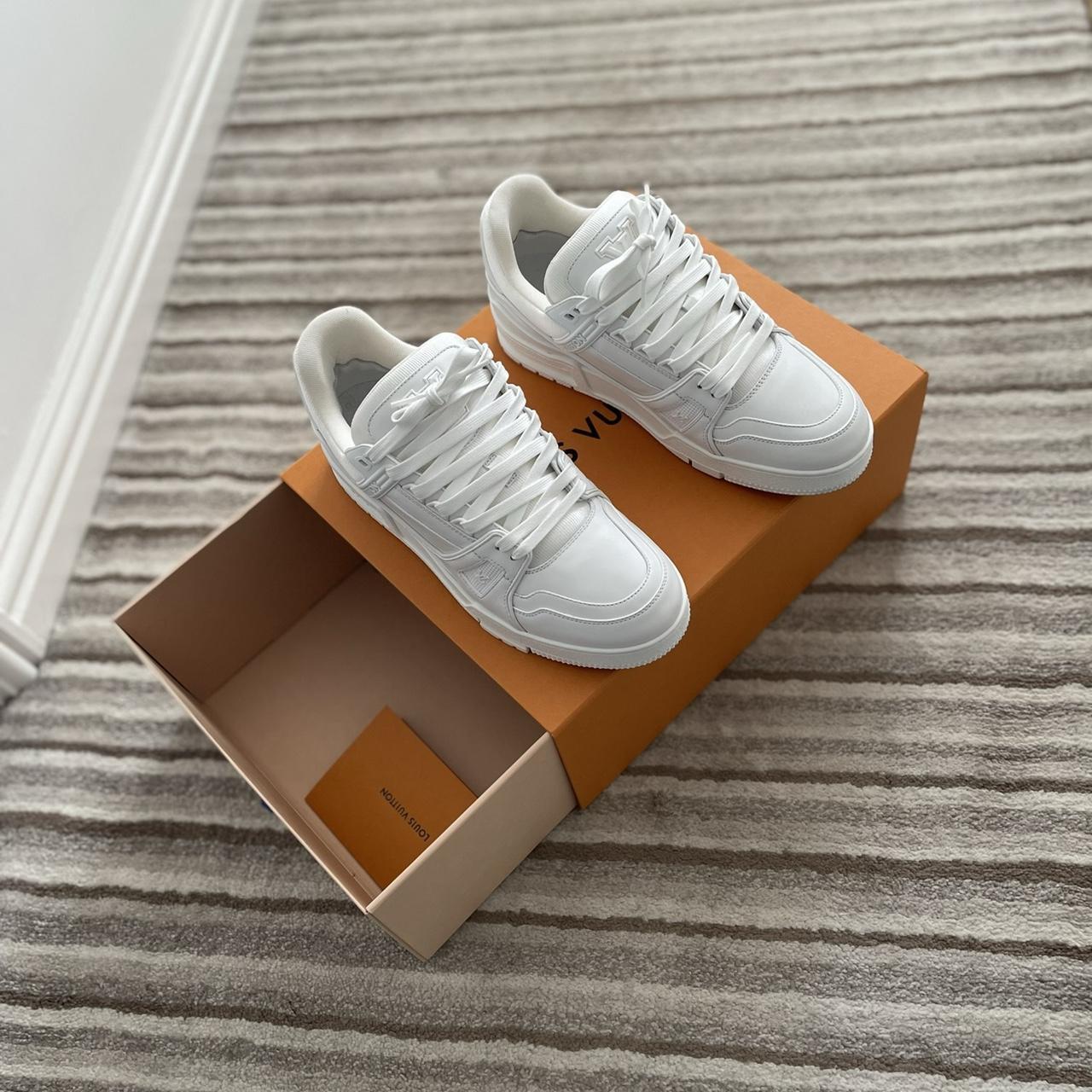 Open to offers, LV trainer in all White Worn once... - Depop