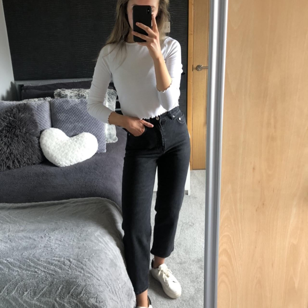 high rise stretch slim straight leg jeans in... - Depop