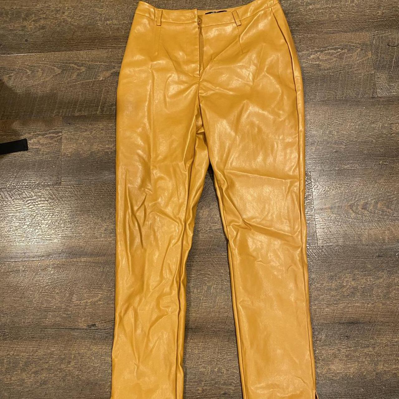 mustard yellow faux leather pants brand new never... - Depop