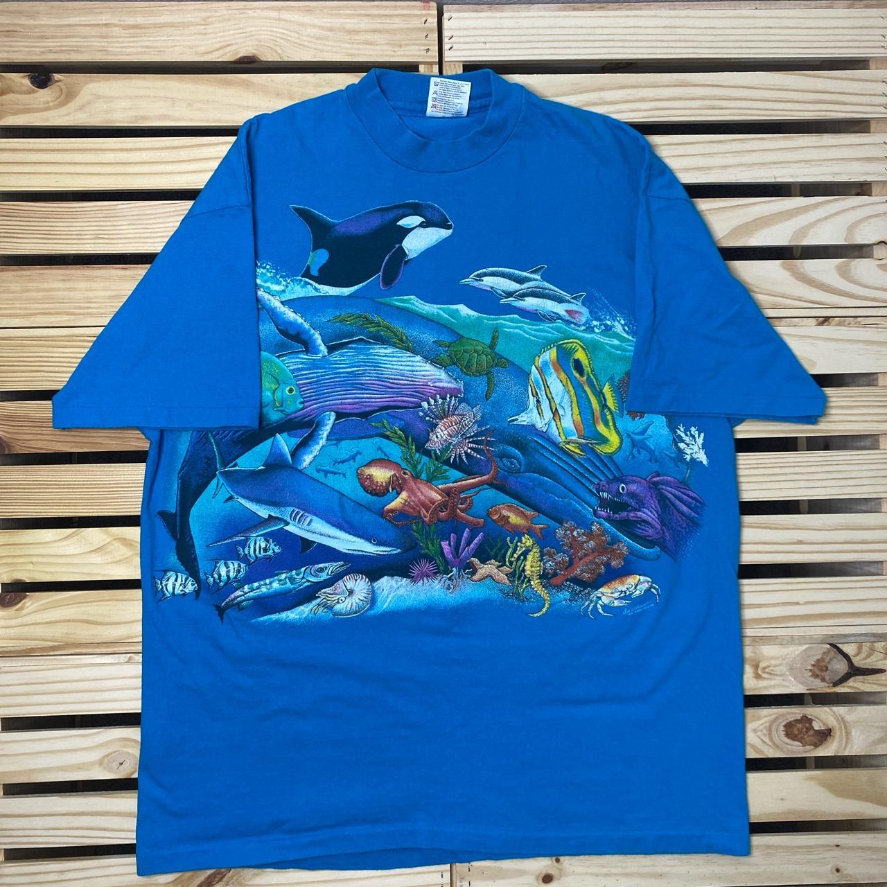 Vintage Hanes Beefy Ocean Life-Theme Blue Short... - Depop
