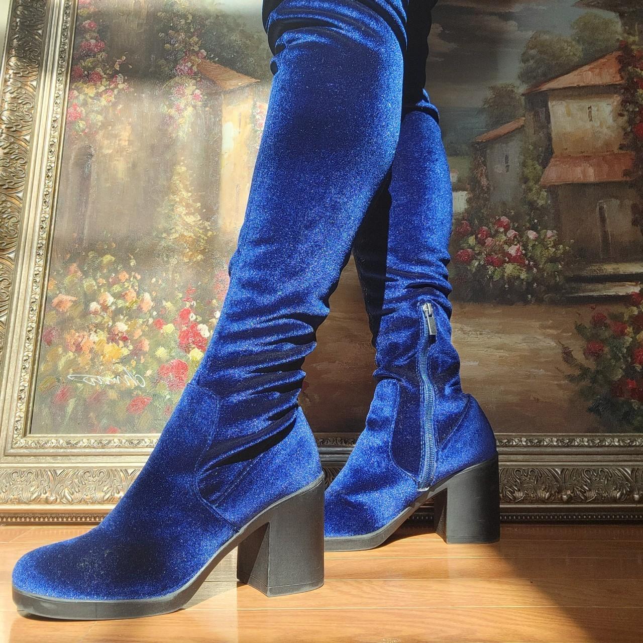 blue velvet thigh high boots