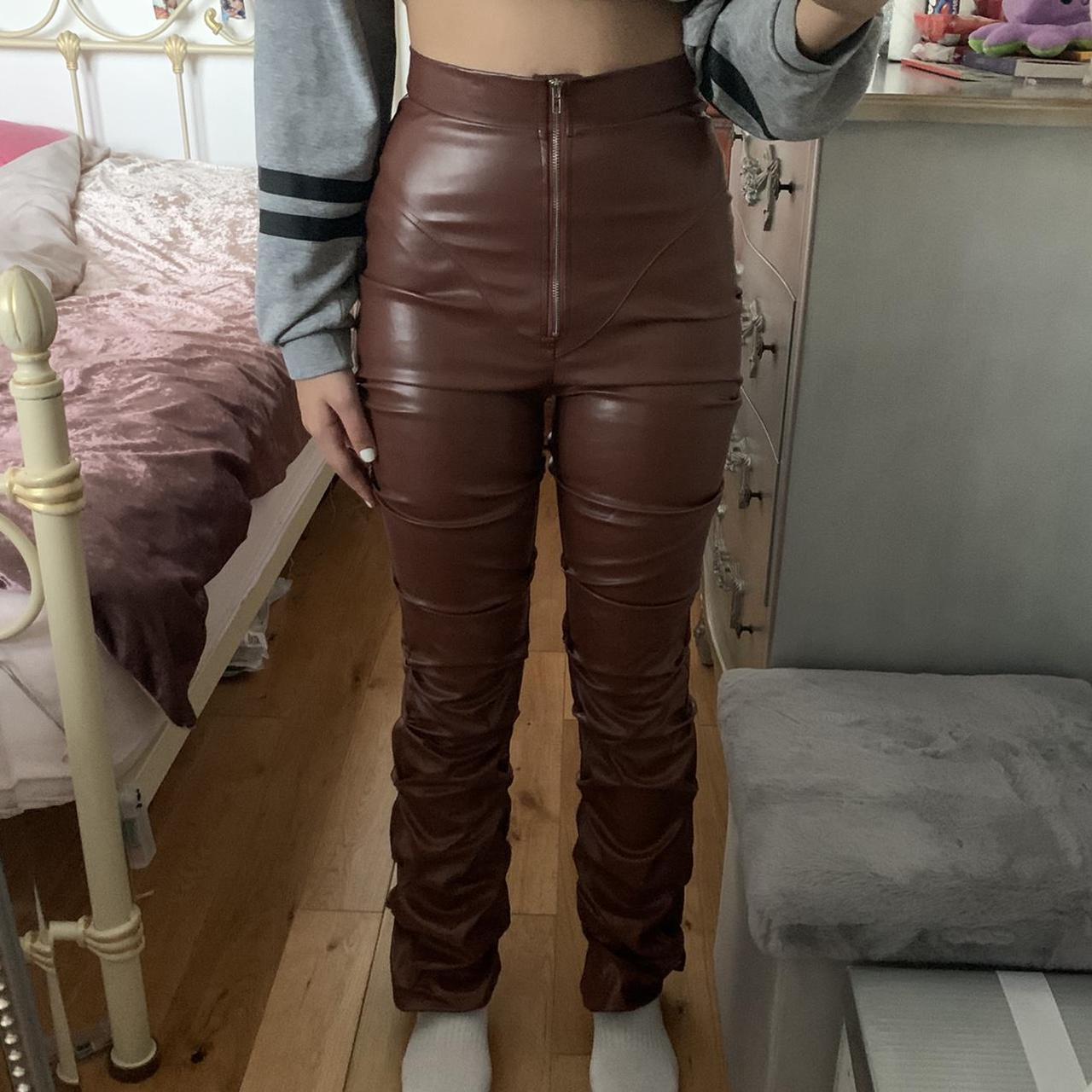 Brown faux leather zip up ruched drawstring skinny... - Depop