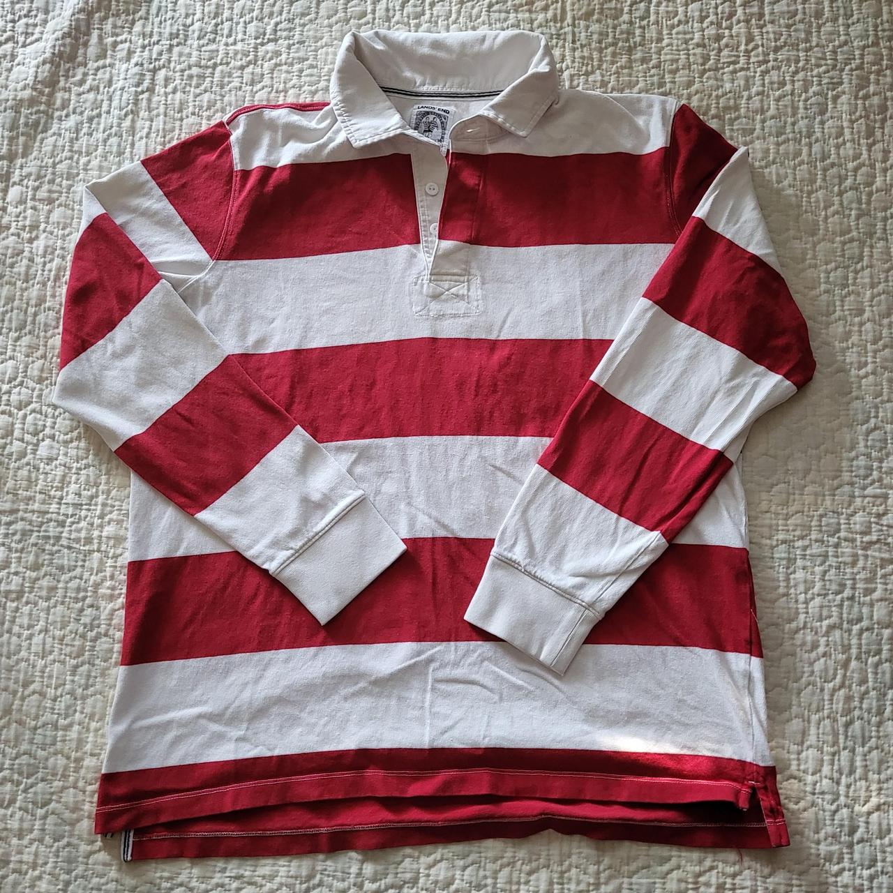 Lands' End Men's White and Red Shirt Depop