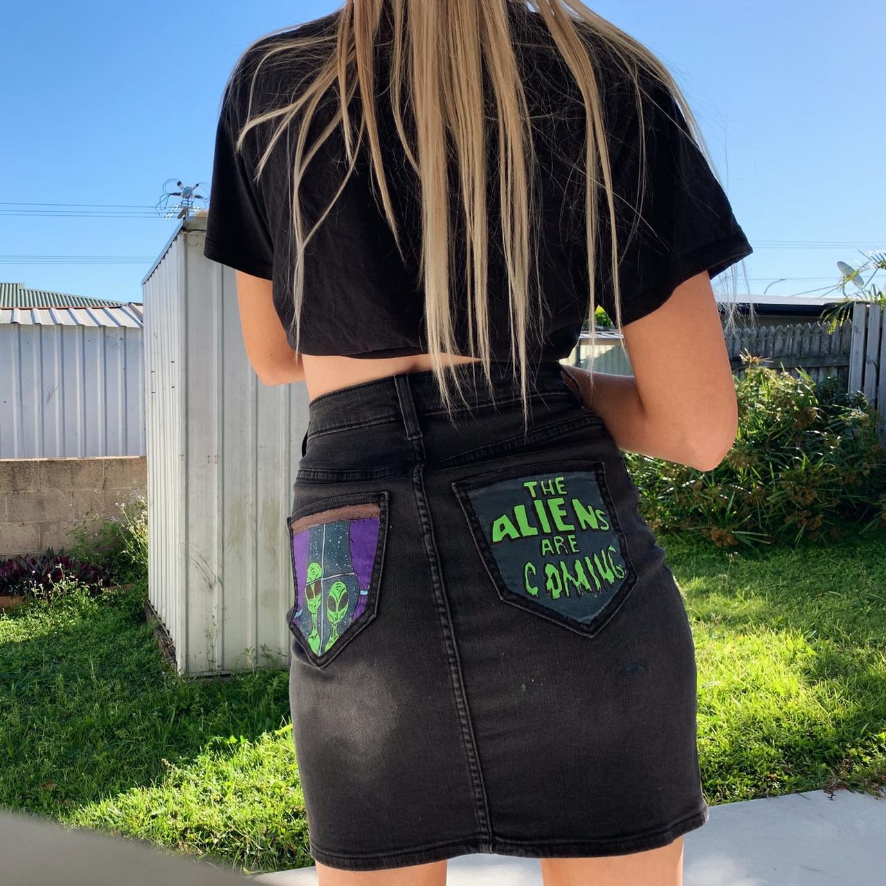 Black denim skirt with hand painted alien friends