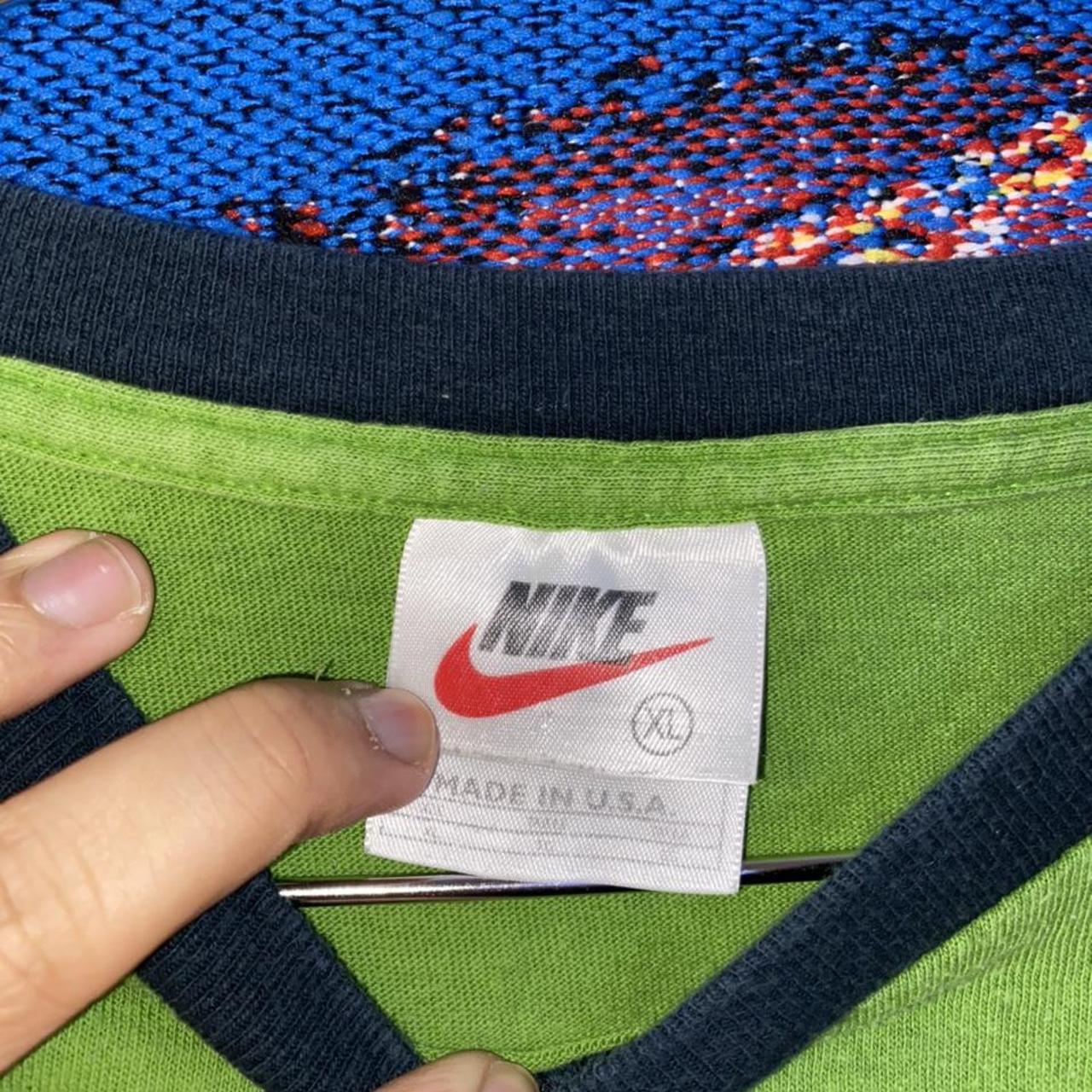 Vintage Nike Green and Navy Embroidered Swoosh Tee!... - Depop